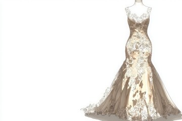 A stunning wedding dress displays a fitted silhouette and elegant lace detailing. The soft, flowing fabric drapes beautifully, ideal for a romantic wedding setting.