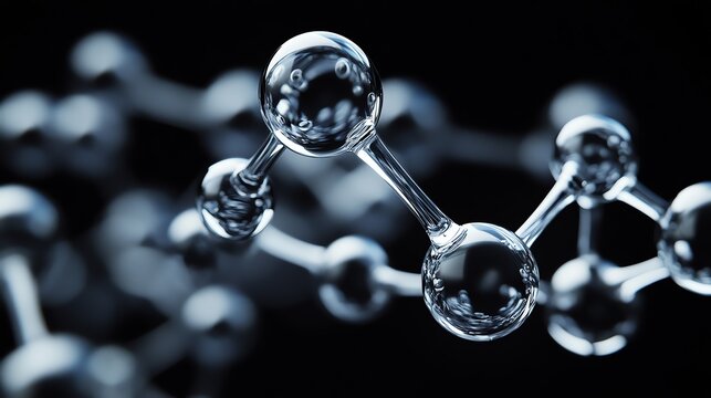 A close-up of a glass molecule model on a black background.