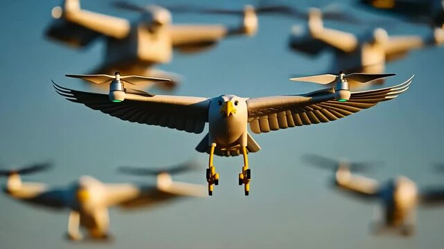 A fleet of bird-like drones flying in formation symbolizes innovation and future technology