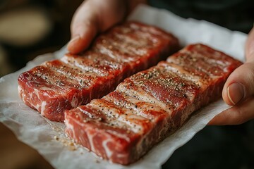 A person is holding two pieces of meat on a paper towel