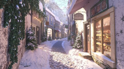 Fototapeta premium Enchanting Winter Alleyway with Snow-Covered Cobblestone Paths and Quaint Shops Bathed in Soft Light - Ultra-Detailed Photorealistic Image of Tranquility
