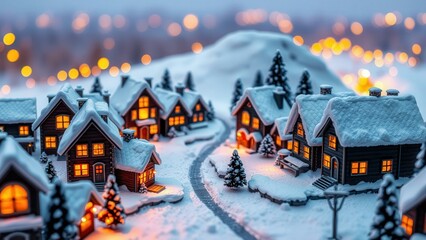Naklejka premium Enchanting Winter Village Scene: Perfect for Holiday Decorations, Christmas Gifts, or Cozy Home Decor