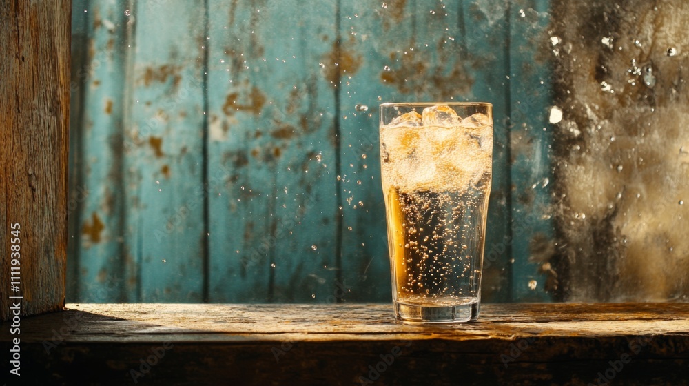 Poster refreshing glass of sparkling water with ice on rustic background