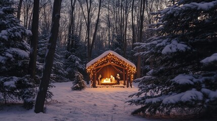 A serene Christmas night with a glowing nativity scene surrounded by snow-covered trees.