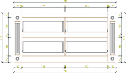 vector sketch illustration of the interior furniture design of a vintage classic television table with a size scale