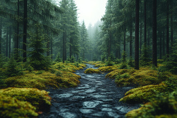 Obraz premium A Misty Forest Path With Mossy Banks And Stone Stream