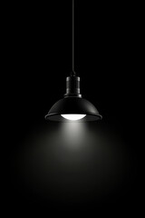 Obraz premium Single hanging lamp illuminating dark room. Minimalistic spotlight effect on black background