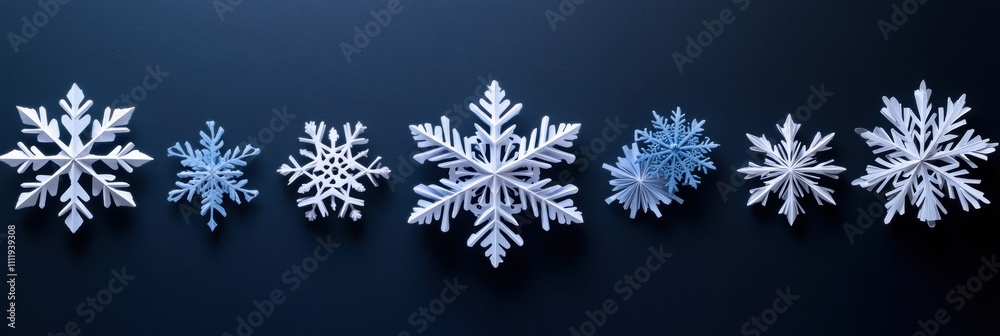 Leinwandbilder Delicate handcrafted paper snowflakes in various designs rest on a dark surface, offering ample blank space for personal notes or messages. Generative AI
