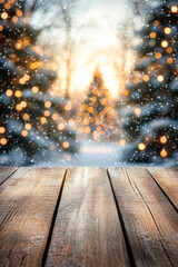 Empty wooden table top with snowy winter forest and glowing Christmas lights in background. Template with copy space for product display