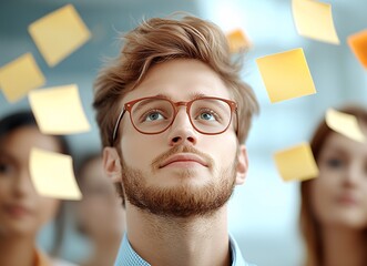 A focused young man with glasses contemplates as sticky notes float around him, symbolizing creativity and brainstorming in a collaborative environment.