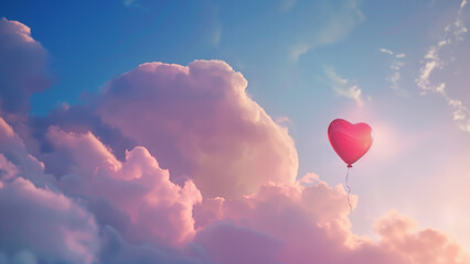 Obraz premium Heart shaped balloon drifts through pastel sky filled with fluffy clouds