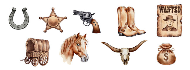 Set of cowboy western elements.Watercolor painting isolated on white background.
