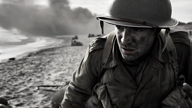 D-Day landing on Normandy beach with soldier advancing through the heavy assault