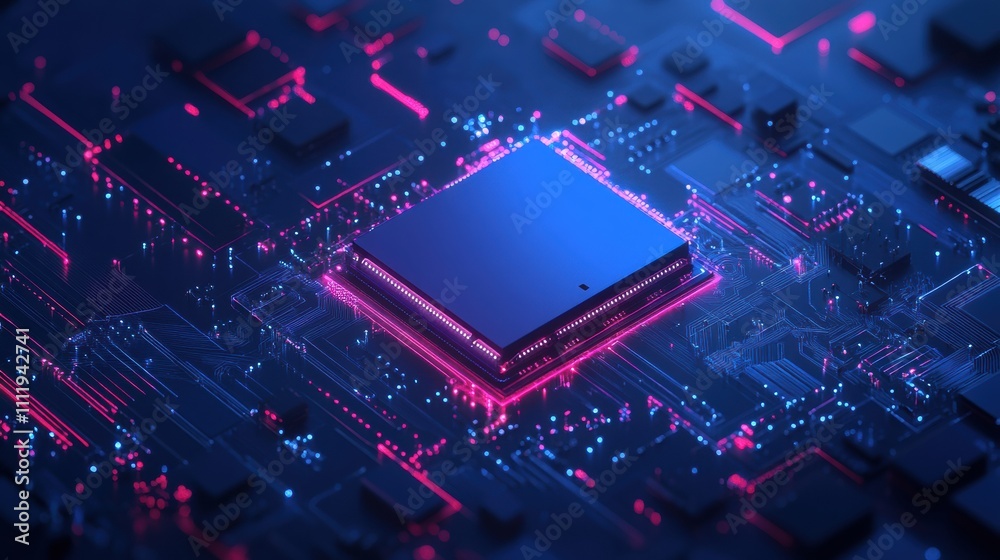Aufkleber a digital ai chip blends into an abstract tech brain design, set against a dark blue backdrop symbol