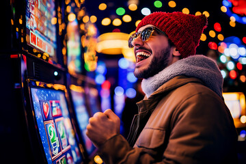 Man wins the big win slot lottery bonus casino machine on Christmas day.
