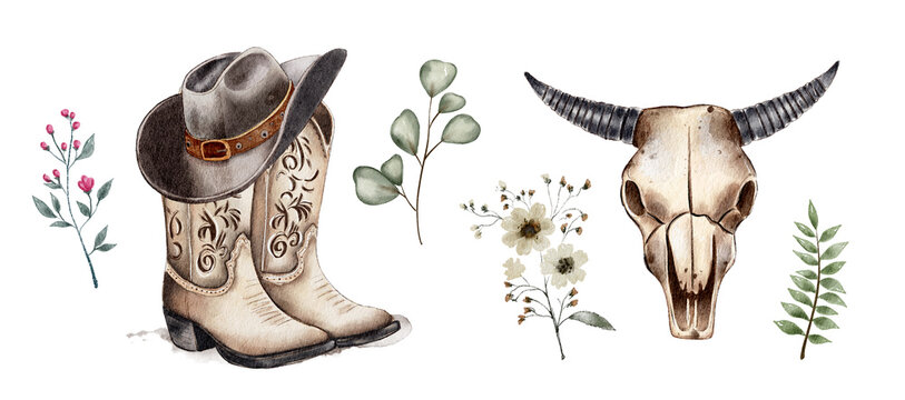 Set of cowboy western elements.Watercolor painting isolated on white background.