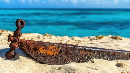 Ancient harpoon resting on sandy beach, partially buried with weathered wooden handle and rusted metal tip, evoking historical maritime heritage and archaeological significance.