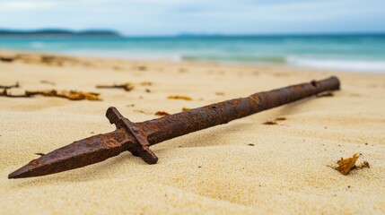 Ancient harpoon resting on sandy beach, partially buried with weathered wooden handle and rusted metal tip, evoking historical maritime heritage and archaeological significance.