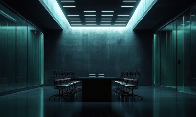 Front view of empty modern conference room with office table and chairs with dark cement wall in glass room