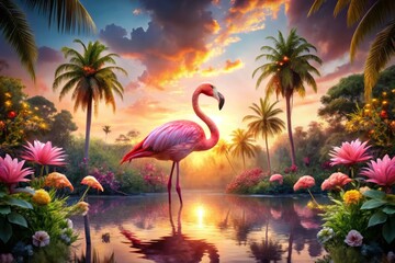 A Majestic Pink Flamingo Amidst a Lush Forest Setting with Palm Trees and Vibrant Flowers Under a Summer Evening Sunset - Perfect for 3D Picture Wallpaper