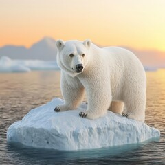 Polar bear on shrinking iceberg at sunset, endangered species, climate changes effect on polar wildlife
