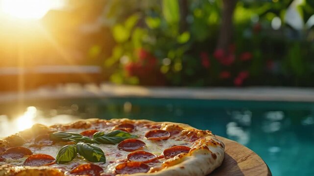 Delicious pepperoni pizza garnished with fresh basil, set outdoors by a pool during a golden sunset. The concept of vacation and recreation. 