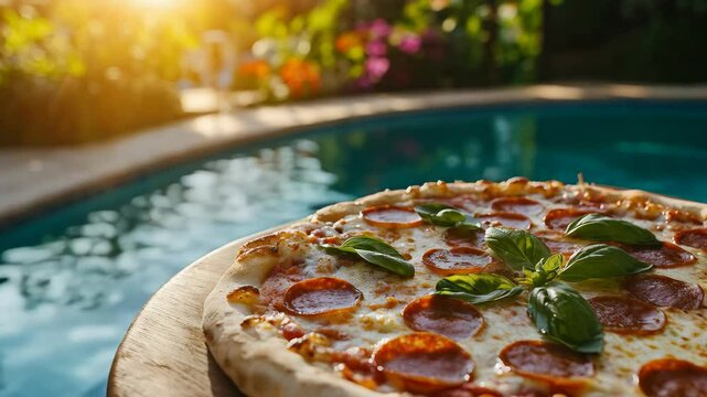 Delicious pepperoni pizza garnished with fresh basil, set outdoors by a pool during a golden sunset. The concept of vacation and recreation. 