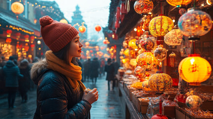Obraz premium A market square filled with spring festival decorations and crafts, capturing the festive and cultural atmosphere.