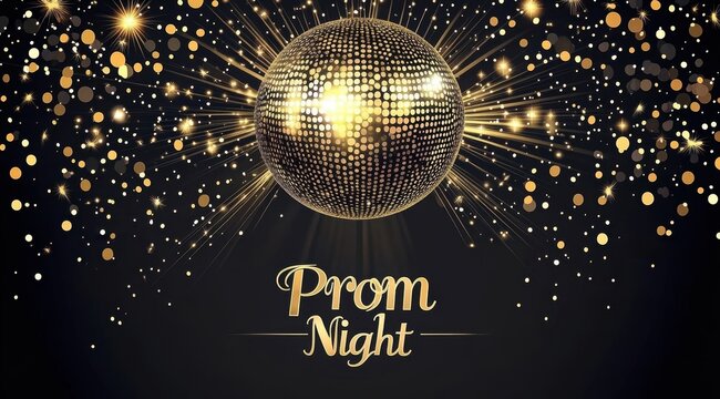 Black and gold vector background for prom night with a golden disco ball, text "Prom Night"