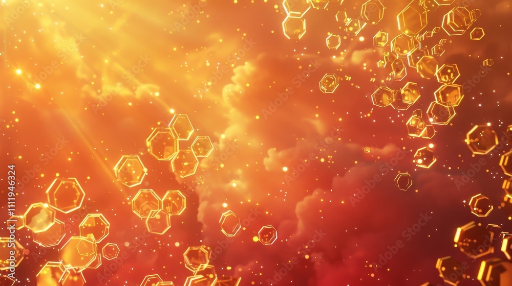 Wall mural abstract background with golden hexagons floating in a cloudy orange sky, illuminated by bright ligh