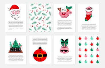 Vector set of Christmas holiday greeting cards withdecor, patterns, Santa, cup, bell and place for text on white backgrounds. Hand drawn holiday cards