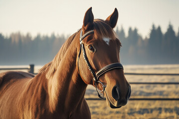 Fototapeta premium Beautiful brown horse standing in a calm pasture at sunrise