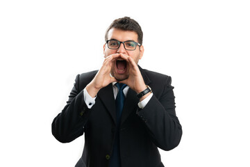 Corporate businessman making screaming gesture using hands