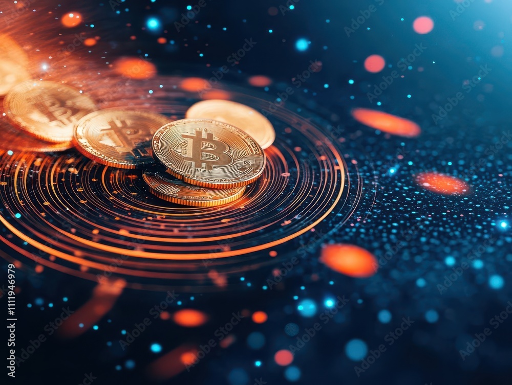 Poster A swirling vortex of gold coins merging with digital patterns, abstract design, glowing gradients, dynamic composition, sharp focus