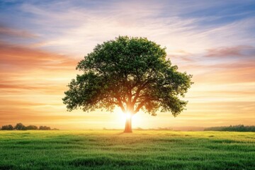 Fototapeta premium A solitary tree rises in an open field as the sun sets, casting warm hues across the sky and providing a serene backdrop for reflection. Generative AI
