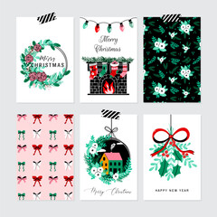 Vector set of Christmas holiday greeting cards with chimney, arrangement, festive bows, wreath, mistletoe, patterns on whitel backgrounds. Hand drawn holiday cards