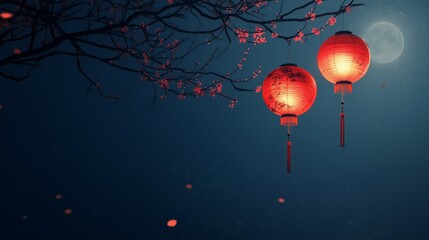 Dark blue banner with traditional red Chinese lanterns hanging from a tree branch. Copy space, free space for text