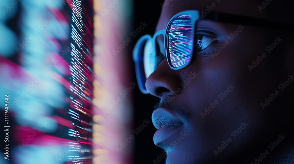 Poster young person focused on computer screen reflecting vibrant data patterns in glasses during late-nigh