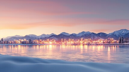 Obraz premium Majestic Winter Cityscape at Dusk with Glowing Lights Reflected on Snow, Ultra-Detailed Photorealistic Image of Snowy Urban Skyline and Mountains in Background