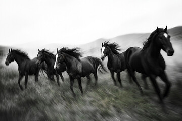 Wild black horses running freely across an open field