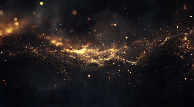 A dark background with gold particles and lights. A blurred image of an abstract galaxy in the center