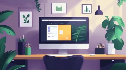 Interactive graphic design tutorial setup, modern workspace with plants