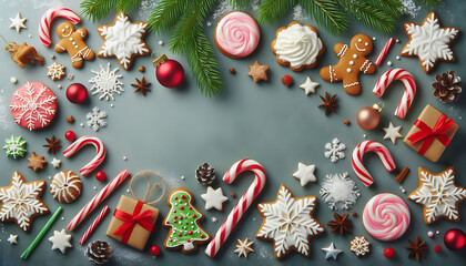 Christmas background with candy canes, gingerbread cookies, and holiday desserts