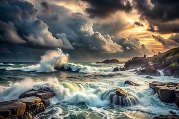 Obraz premium Captivating Candid Photography of a Stormy Sea, Featuring Moody Grainy Textures and Dramatic Waves Under a Gloomy Sky, Perfect for Evoking Nature's Raw Power and Beauty
