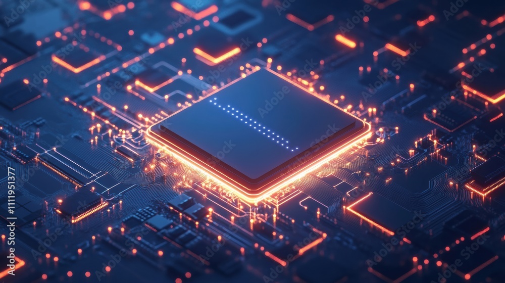 Poster A digital AI chip is integrated into an abstract representation of a technology brain, illuminated against a dark blue background. Generative AI