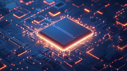 A digital AI chip is integrated into an abstract representation of a technology brain, illuminated against a dark blue background. Generative AI