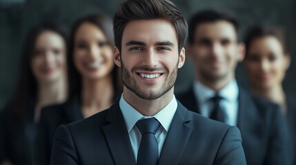 Fototapeta premium Confident businessman with a winning smile stands in front of his diverse team in professional attire.