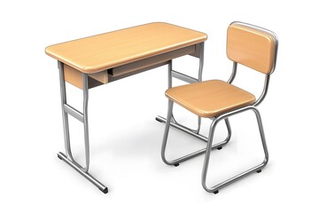 Fototapeta premium Wooden school desk with red chair, open book, and pencils in holder, isolated on white background