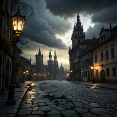 A City of Decaying Spires, Cracked Streets, Dark Clouds, and Flickering Lanterns