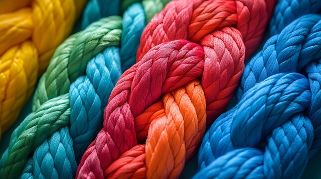 Concept of team unity and partnership with interwoven colorful braided rope